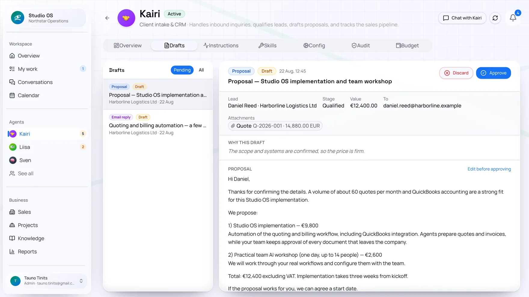 A proposal awaiting approval in Studio OS
