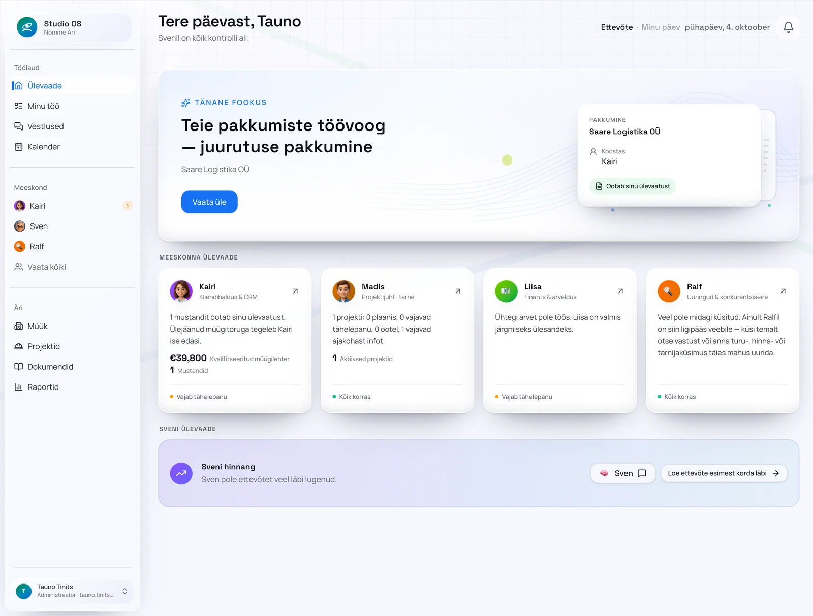 Studio OS-i avaleht: tänane fookus, meeskonna ülevaade ja Sveni hinnang