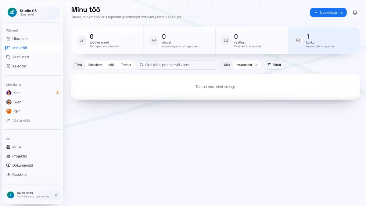 Studio OS-i „Minu töö” vaade: kinnitused ja ülesanded